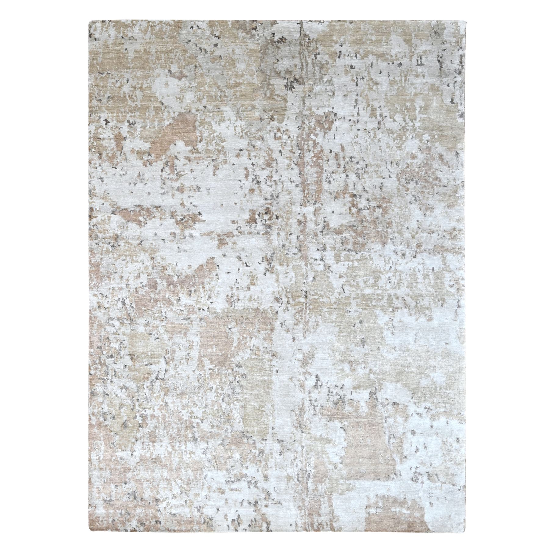 Beaver Brown and Earth Tone Colors, Abstract Design with Nepali Weave, Shiny Plant Based Silk, Hand Knotted, Oriental Rug